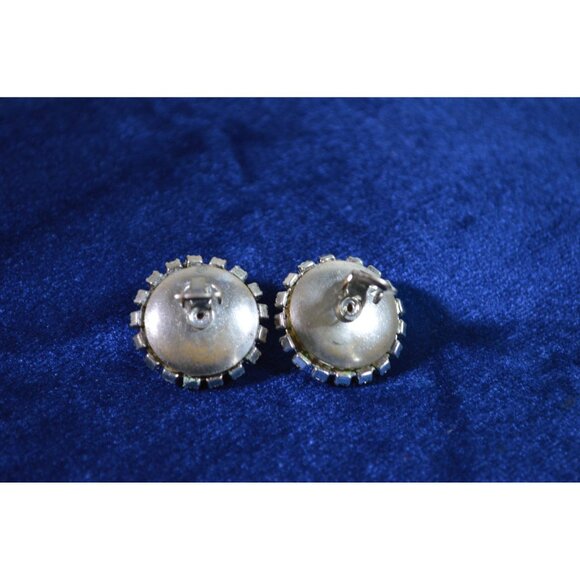 Vintage Faux Pearl Baroque Rhinestone Earrings Off White Clip On Circle Round - Picture 3 of 8